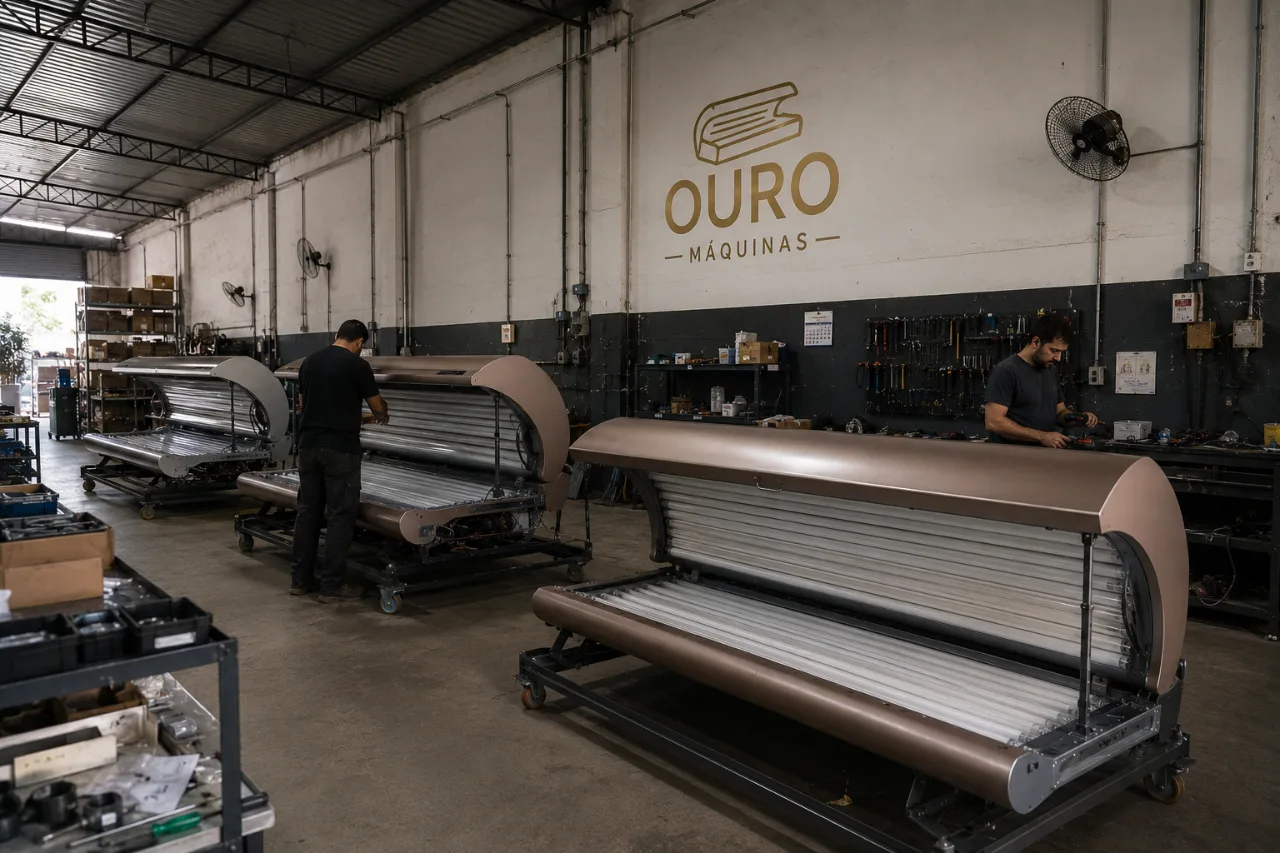 Fábrica Ouro Máquinas — linha de montagem de equipamentos de bronzeamento